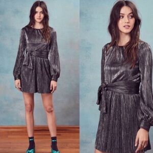 For Love & Lemons Marion Metallic Pleated Mini Dress - S